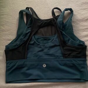 Dark teal and black mesh Lululemon sports bra.